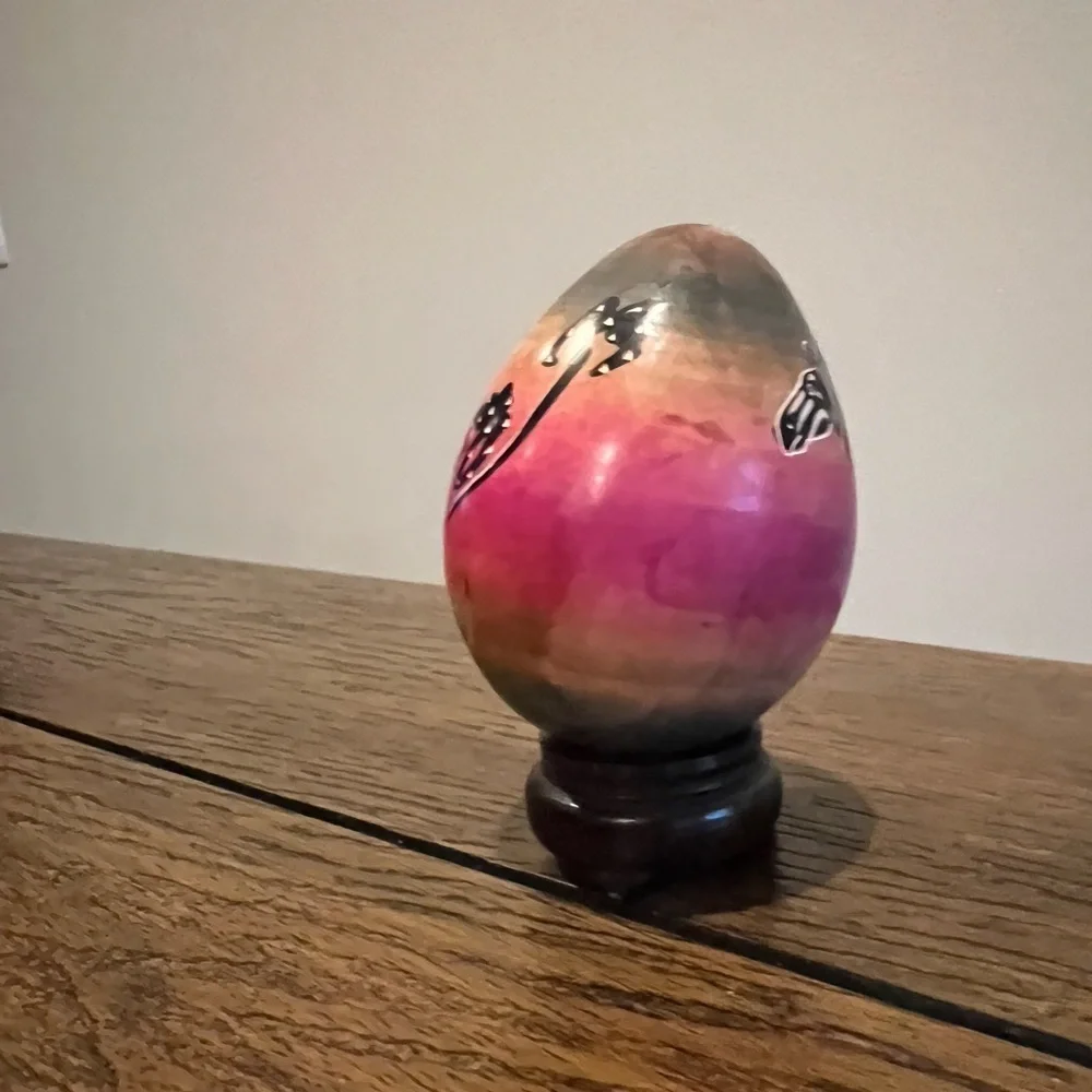 Hand Painted Soapstone Egg African Wildlife Mural Scene Zebra Trees